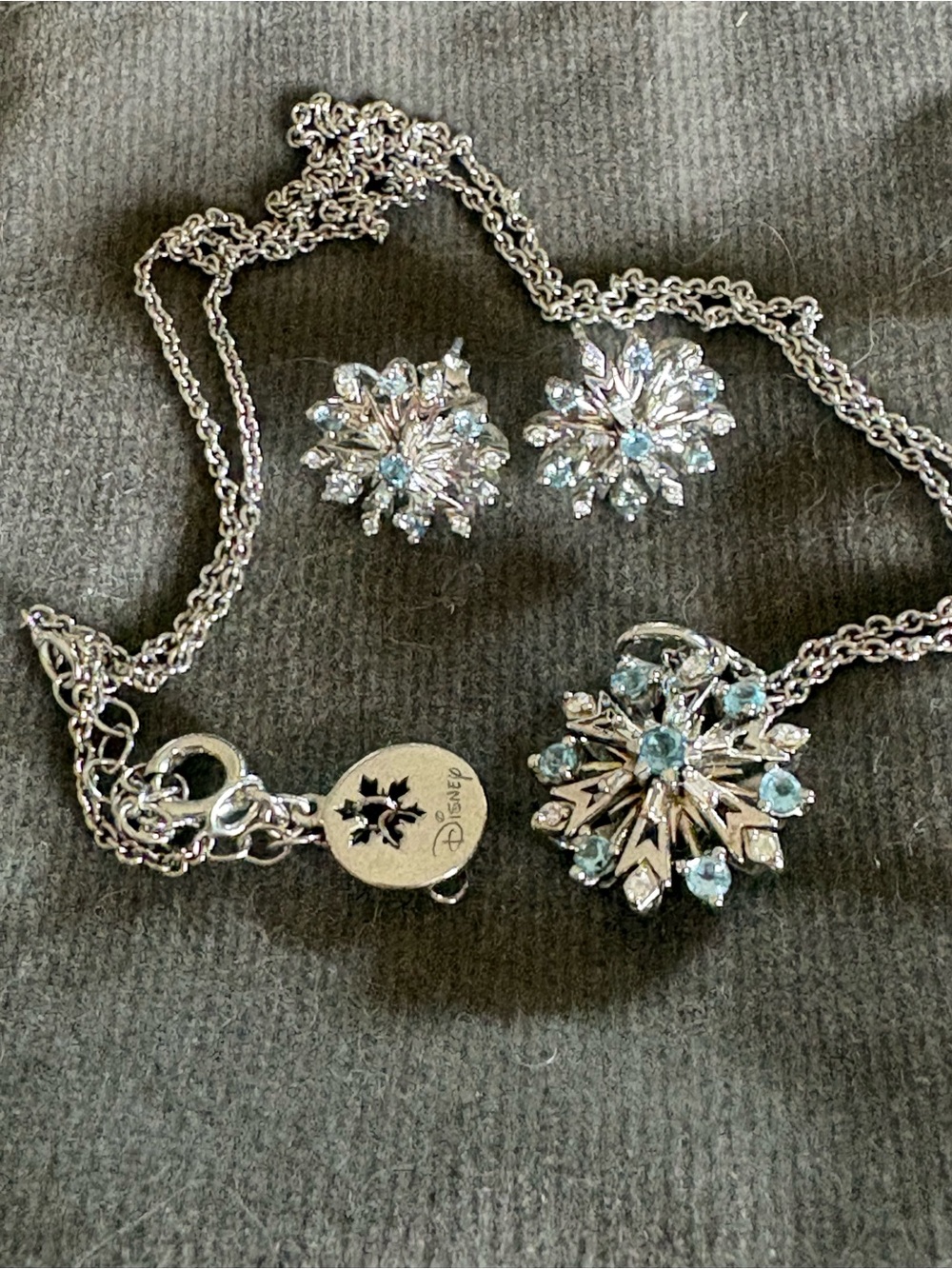 Disney Silver-Tone Necklace and Stud Earrings with Light Blue Crystals